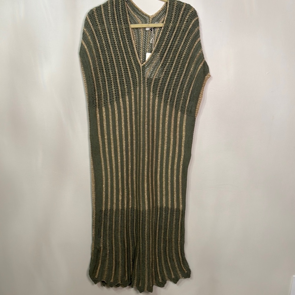 Floris Italian Knit Beach Cover Up Maxi Dress in Olive and Gold NWT